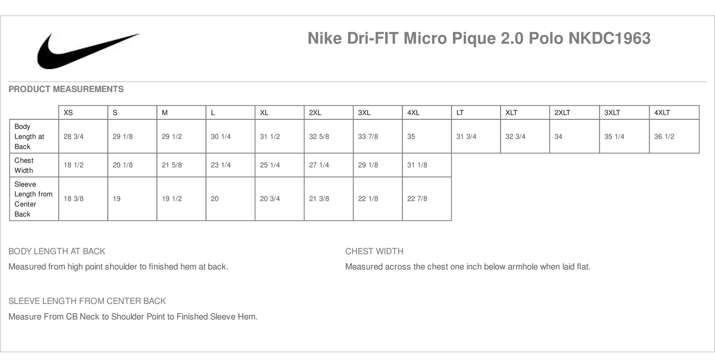 Nike Men's Dri-fit Micro Pique 2.0 Polo Size Chart